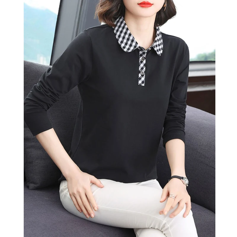 Women\'s Clothing Korean Fashion Plaid Patchwork Elegant Polo Collar T-shirts Spring Autumn Casual Long Sleeve Loose Cotton Tops