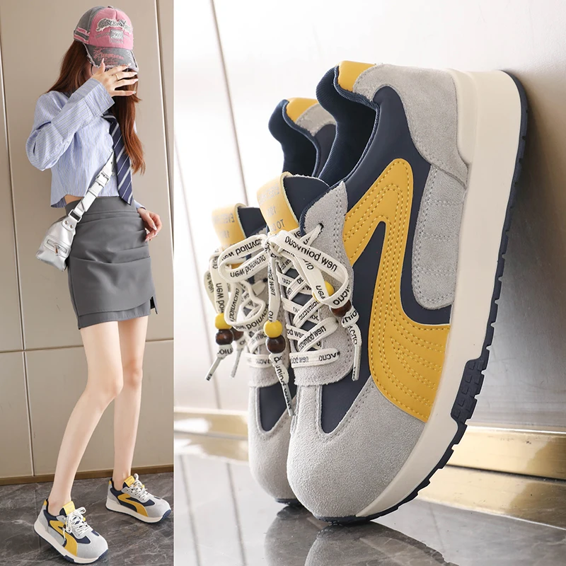 

2025 New Women's Lace Up Chunky Platform Sneakers 5.5CM Heel with Round Toe & Wear-Resistant Outsole for Casual Daily Wear