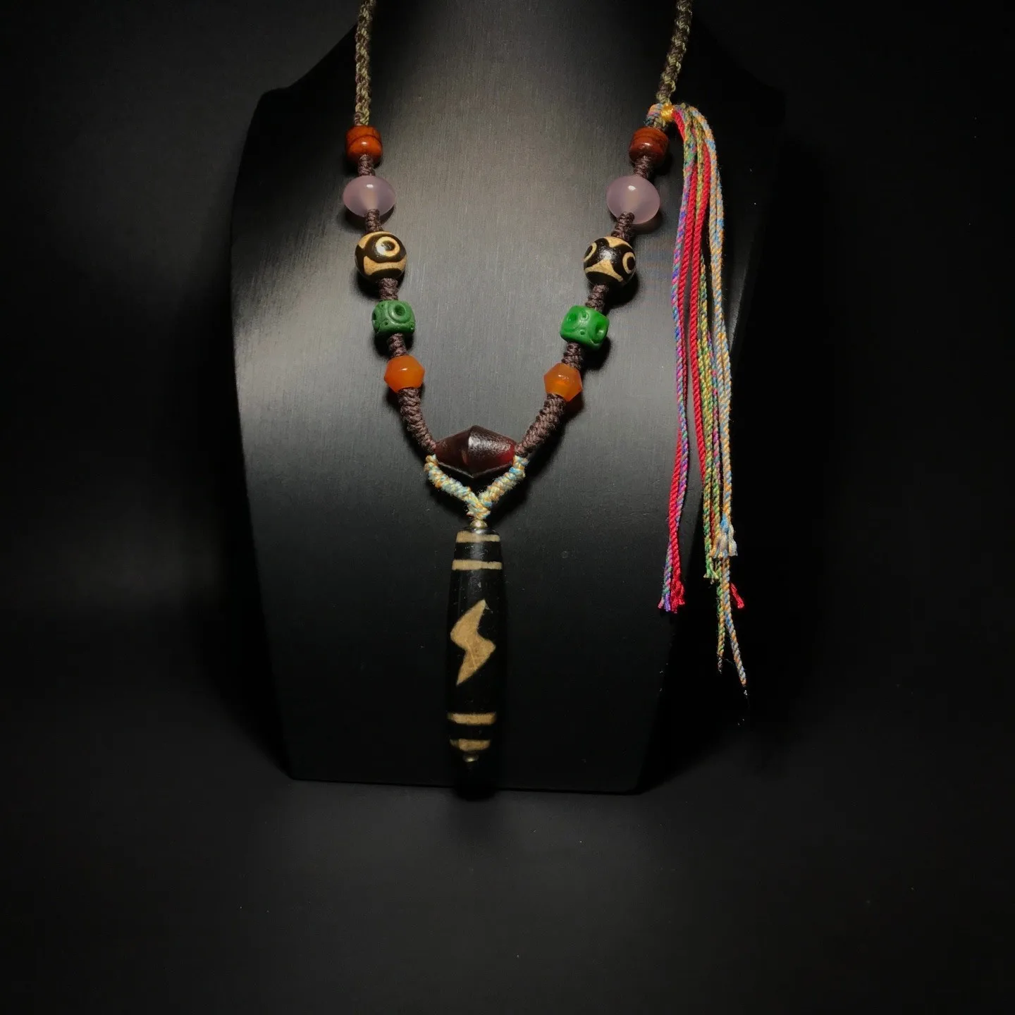 Collectible Tibetan Old Agate Dzi *5 Eyes Lightning* Bead Amulet Necklace J0324