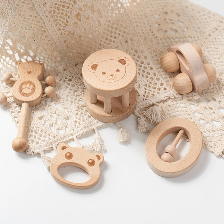 1Set Baby Toys Music Rattle Wood Crochet Bead Bracelet Wooden Rodent Chew Play Gym Montessori Baby Teether Products Newborn Gift