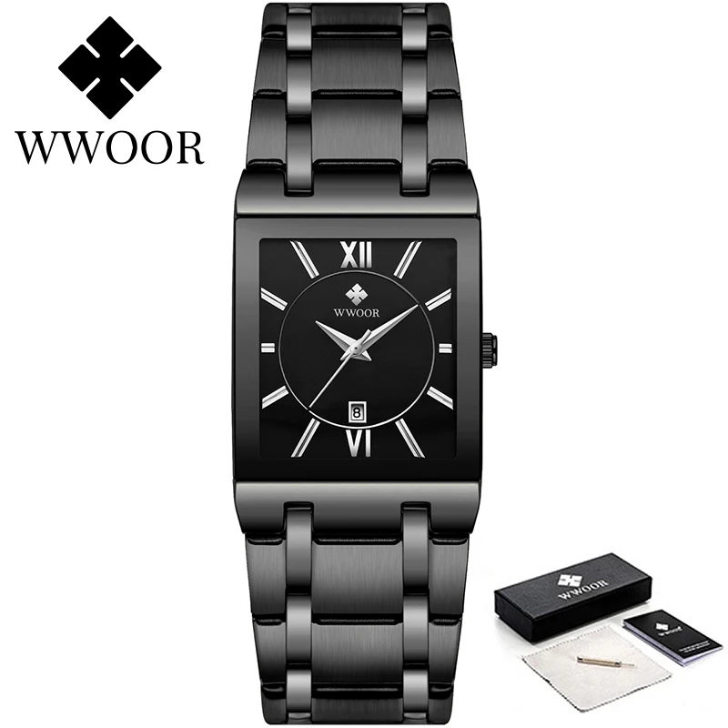 Bsuiness Men Watch With Stainless Steel WWOOR Top Brand Luxury Square Quartz Watches Mens Waterproof Date Wrist Watch Clock xfcs