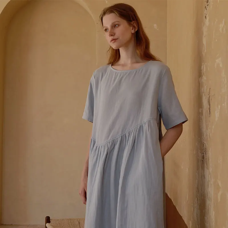 

Summer Cotton Double-layer Gauze Home Skirt Loose Solid Color Short-sleeved Nightdress Two-color Choice Round Neck Nightgown