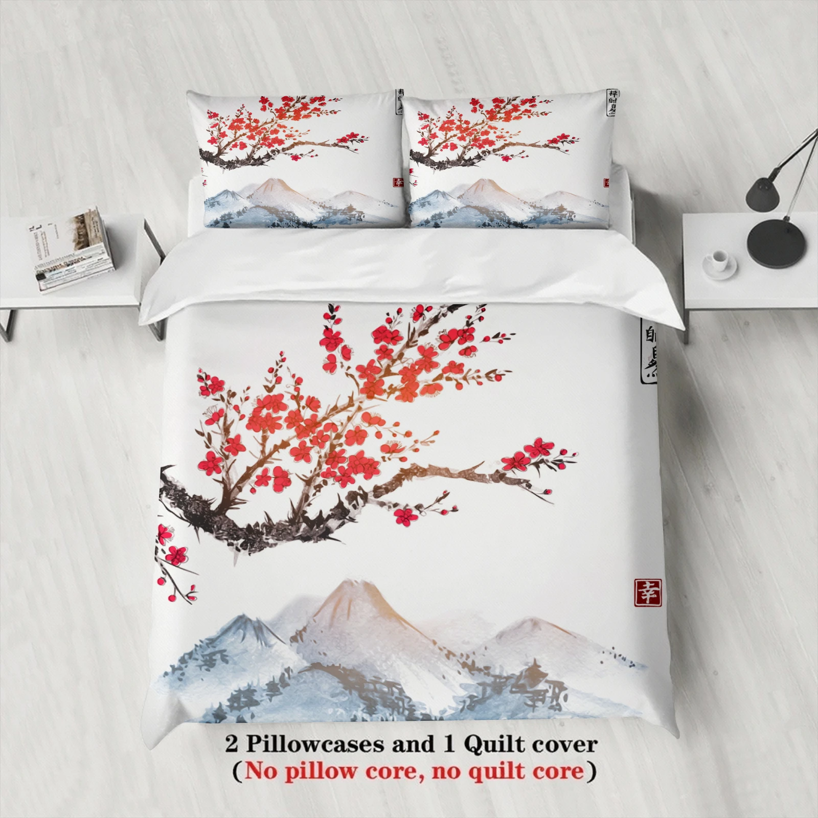 Oriental Ink Plum Blossom Duvet Cover Set Mountain Landscape Bedding For Elegant Home Decor Bedroom Decor Twin Queen King Size