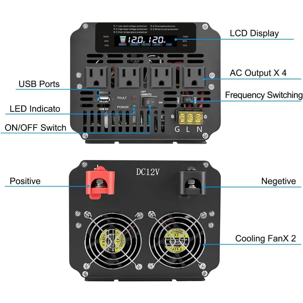 5000W Power Inverter 12V to 110V DC to AC with LCD Display, Remote Controller and 4 x AC Outlets Car Adapter for Car Truck