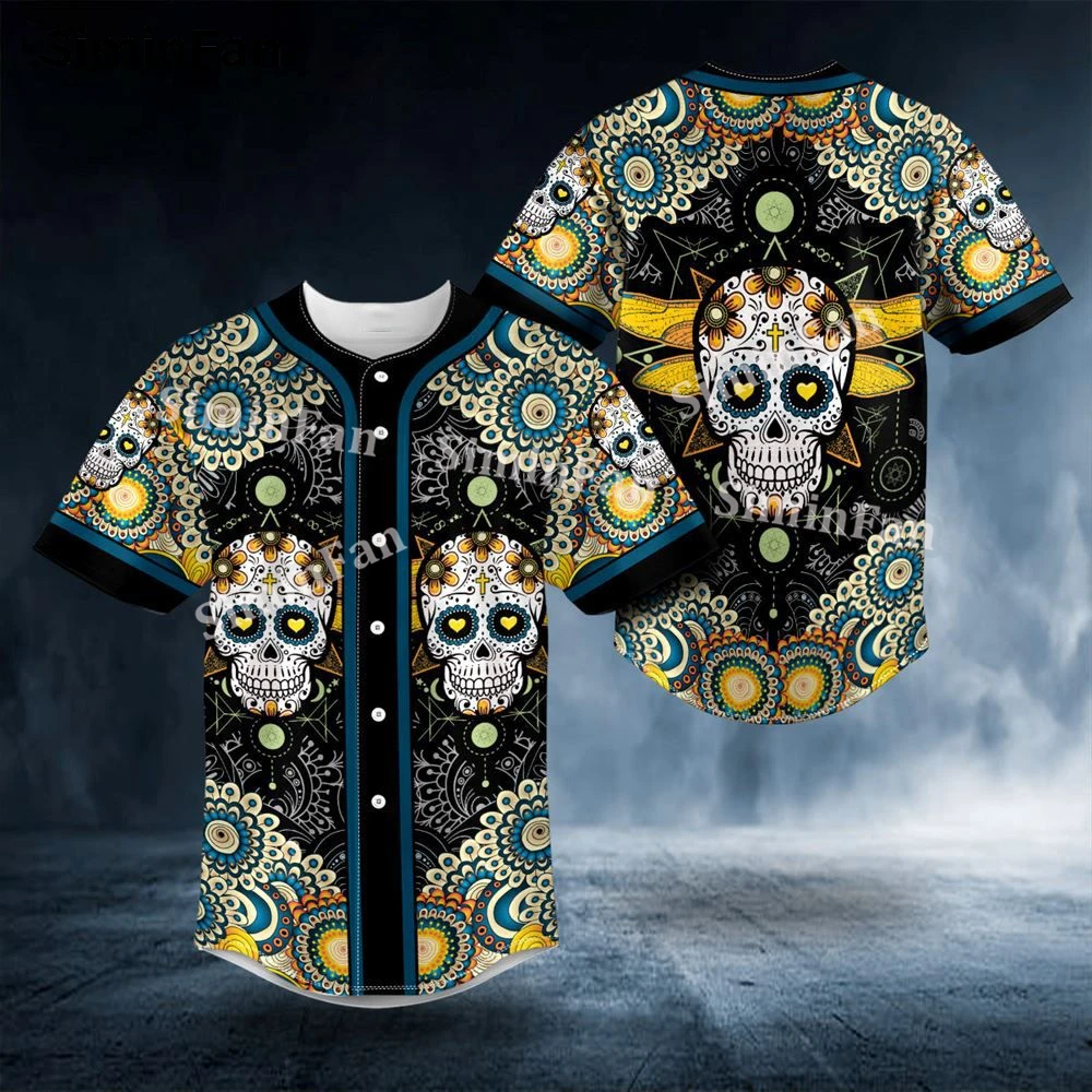 Day Of The Death Pattern Blood Skull 3D All Over Printed Men Baseball Tee Jersey Shirt Male Summer Collarless Sport Top Unisex-2