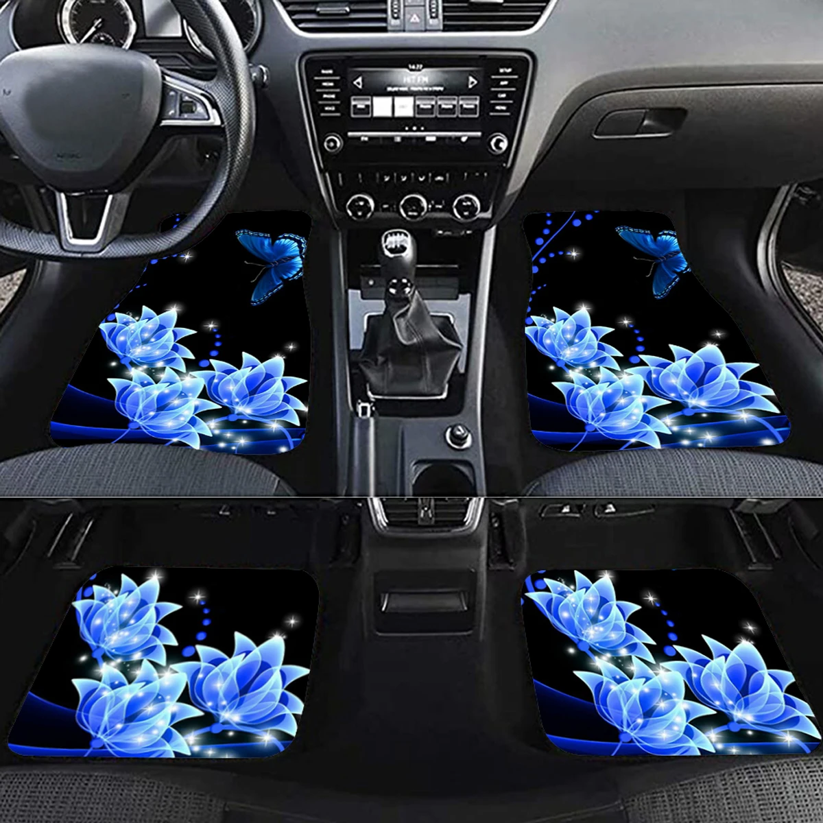 Blue Flower Butterfly Car Floor Mats 4-piece Set Universal Front and Rear Floor Mats 3D Printed Protective Mats Suitable for Car