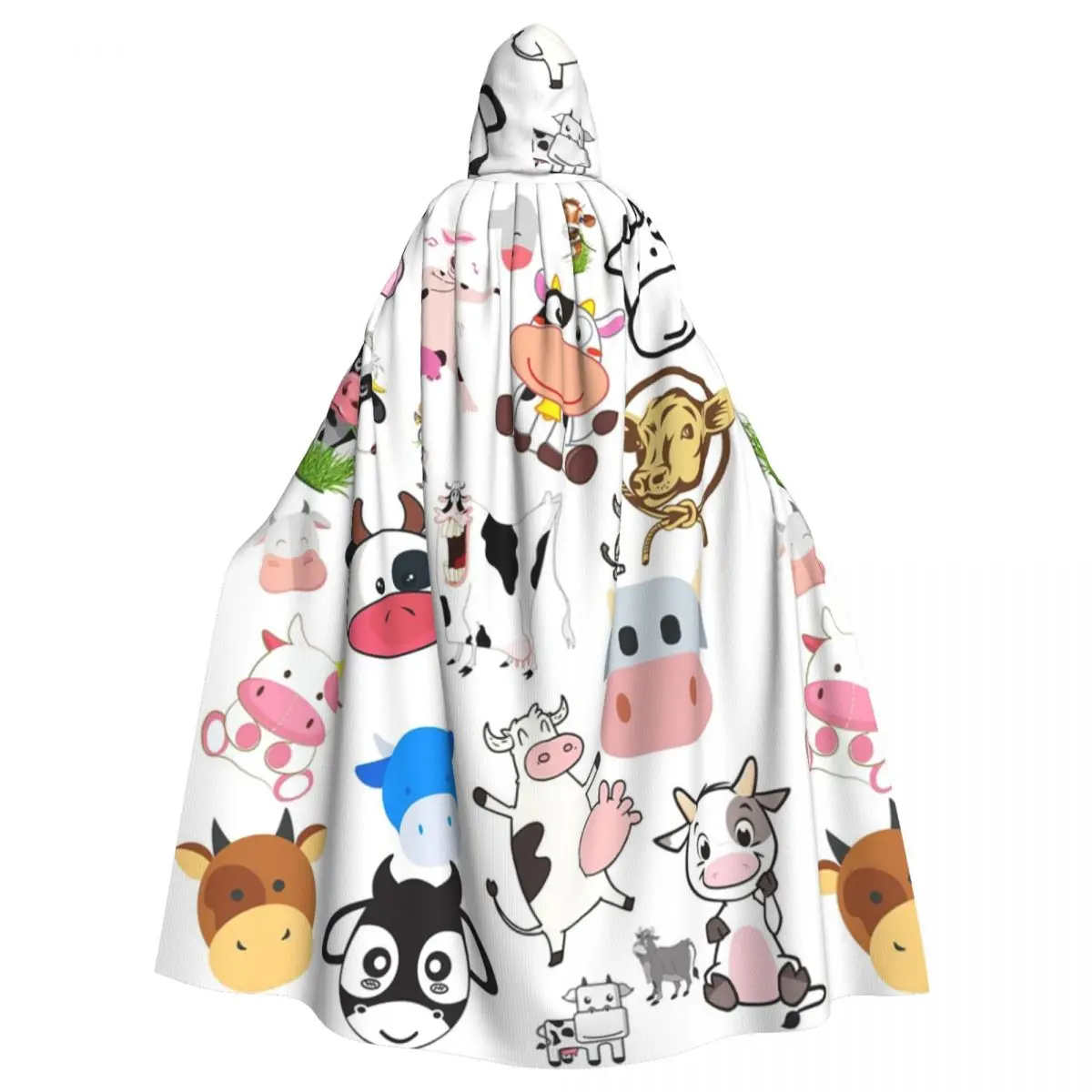 Kwaii Cow Pattern Long Hooded Cloak Witch Medieval Costume Cosplay Cape HalloweenCoat Adult Unisex