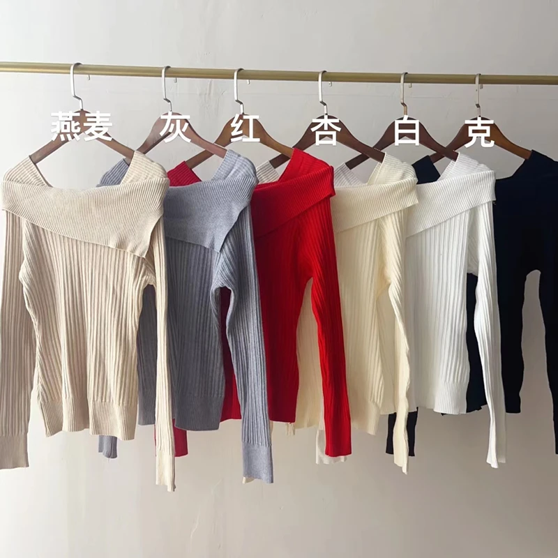 Korean Knitted Pullover Women Lapel Off Shoulder Slim Long Sleeve Sweater Y2k Clothes