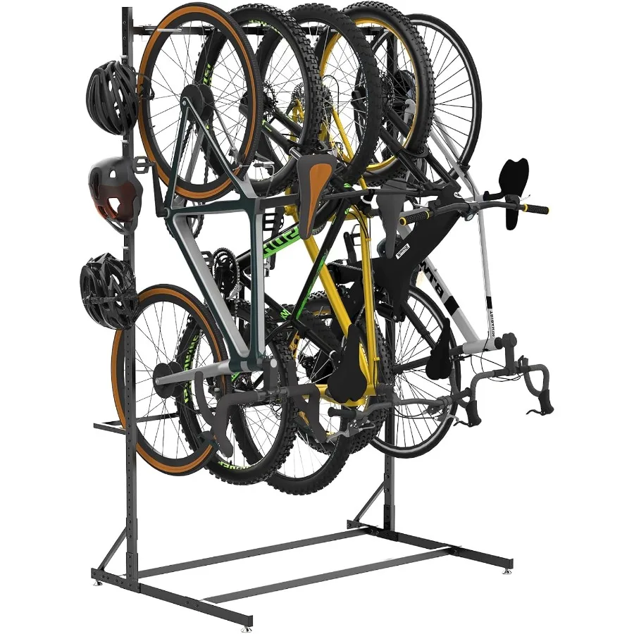 رف تخزين الدراجة قائم بذاته لـ 5 دراجات 52 رف دراجة عمودي فولاذي عريض مع 5 خطافات دراجة 6 خطاف لتخزين الخوذة الدراجة R