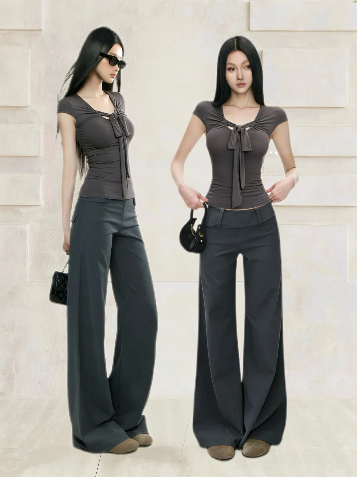 

Low Waist Bell Bottom Pants Set with Bow Tie Design Slim Fit Top And Long Pants Elegant Style Summer Fashion Women's Outfit