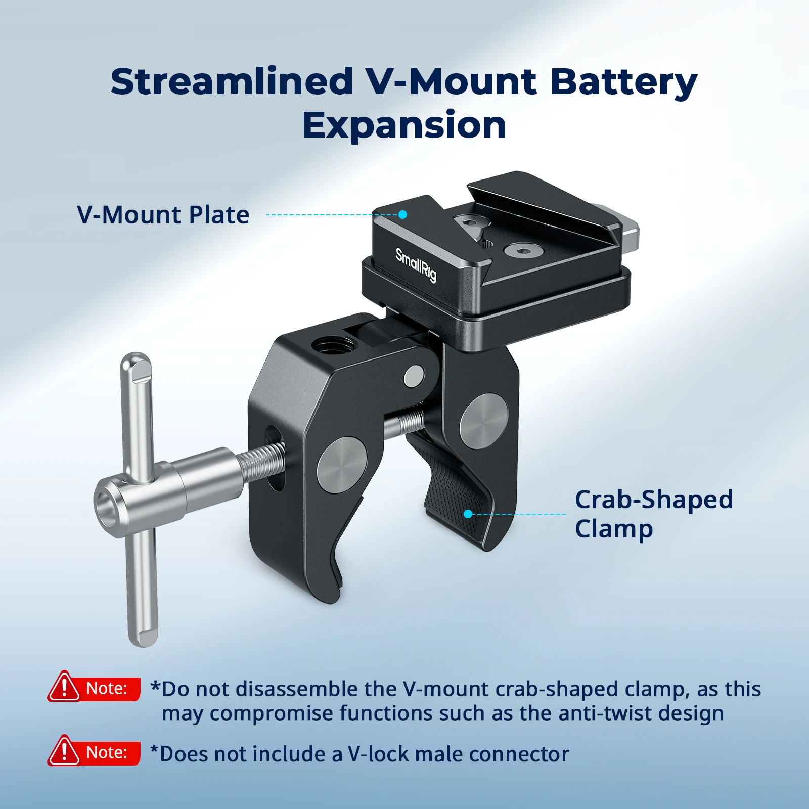 Zacisk SmallRig V-Mount w kształcie kraba, do większości akumulatorów z mocowaniem V, zakres mocowania 15–40 mm do statywów, statywów oświetleniowych -5313 — zdjęcie produktu 2