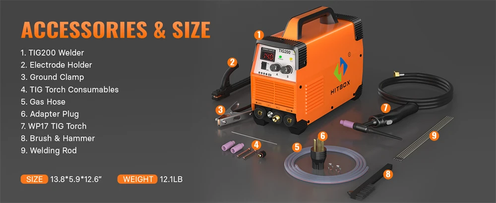 TIG Welder 200A HITBOX TIG200 3 in 1 HF TIG MMA ARC Stick IGBT Inverter Welding Machine Arc Force Hot Start Outdoor Home DIY
