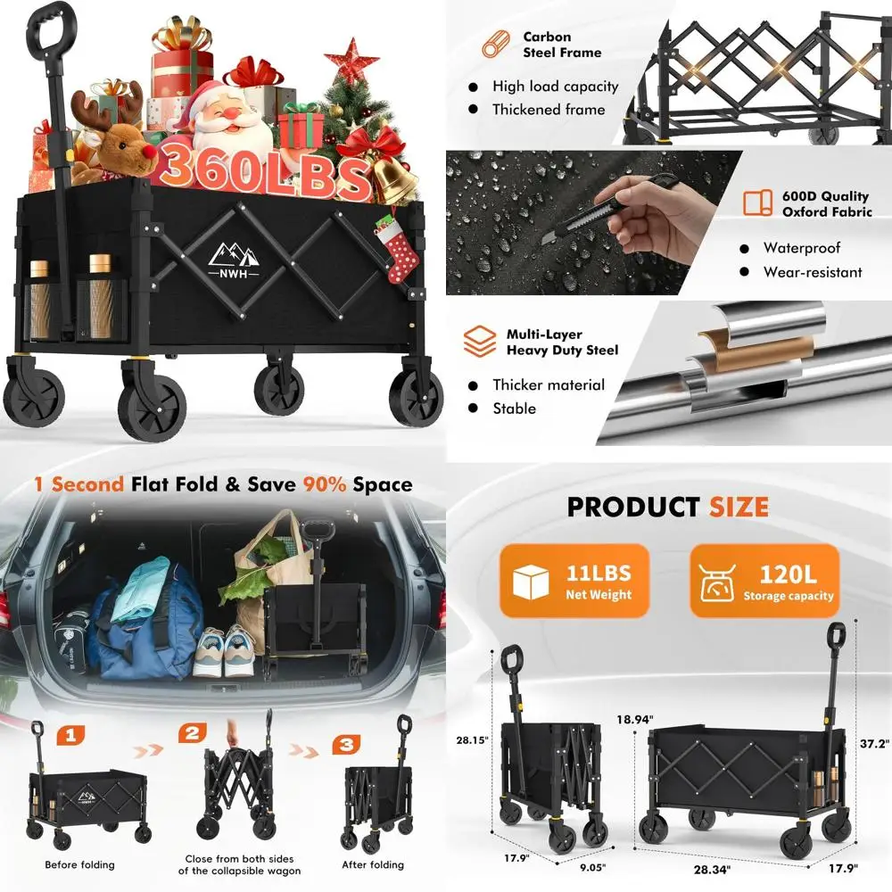 

Folding Utility Wagon with 360lbs Capacity, All-Terrain Wheels for Beach, Camping, Shopping, and More