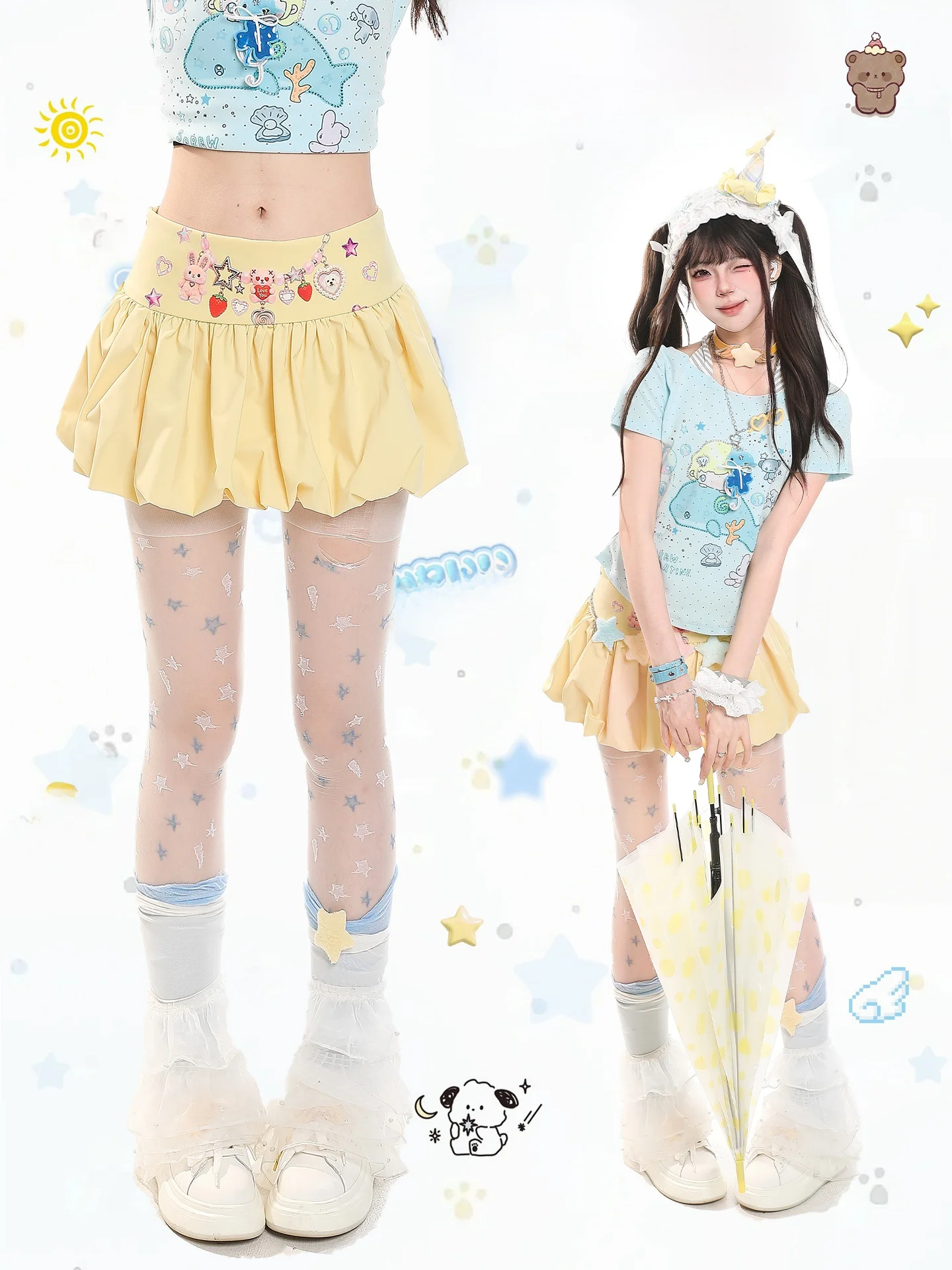 Cute Cartoon Print Puffy Half Skirt Women's High Waist Slimming Pleated Design Summer Girl's Bloomer Skirt Stylish Feminine