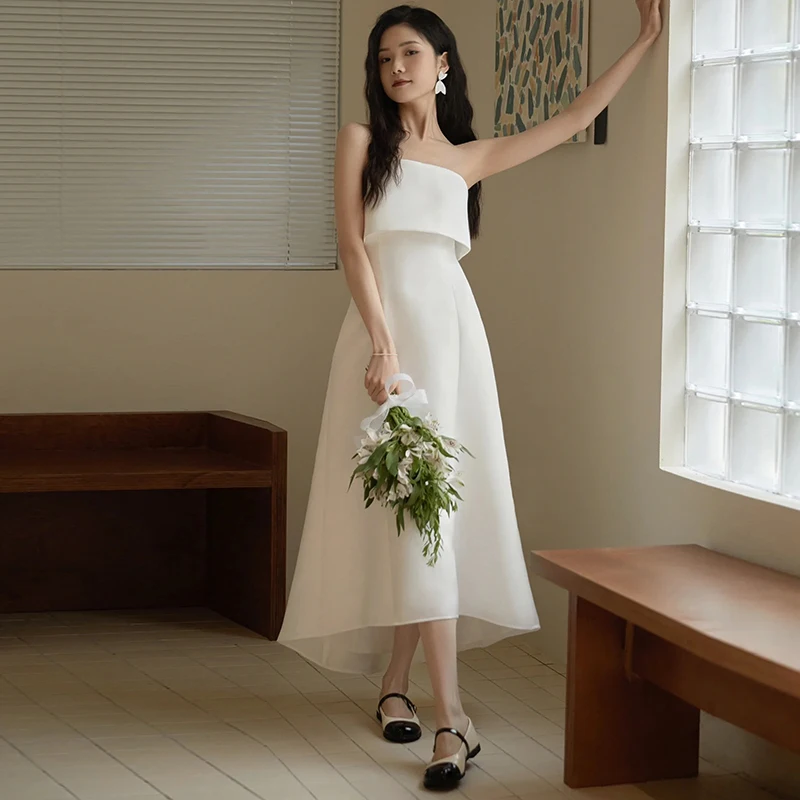 

Light Wedding Dr Simple Strapl Outdoor Travel Photoaphy Bridal Gown Small Size mid Waist A-Line Skirt Polyester Satin