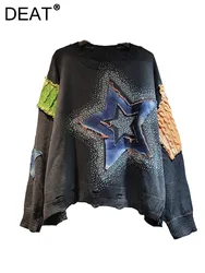 DEAT Women's Pullover Patchwork Denim Star Rhinestone Broken Holes O-neck Loose Long Sleeve Sweater 2024 Autumn New Fashion