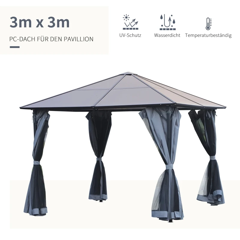 3x3m Pavillon mit Polycarbonat-Dach, Netzvorhängen, Aluminiumrahmen, Dunkelgrau – Detail 4