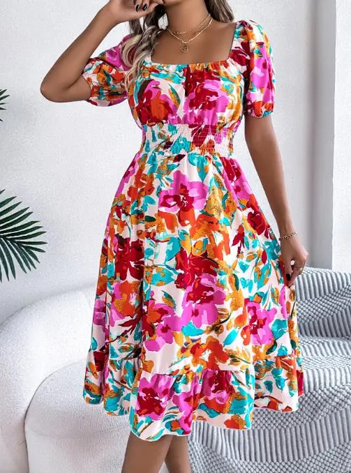 

2025 Summer Casual Square Neck Short Sleeved Ruffle A-Line Skirt for Women, Elegant Bubble Sleeves, Waist Cinched A-Line Dress