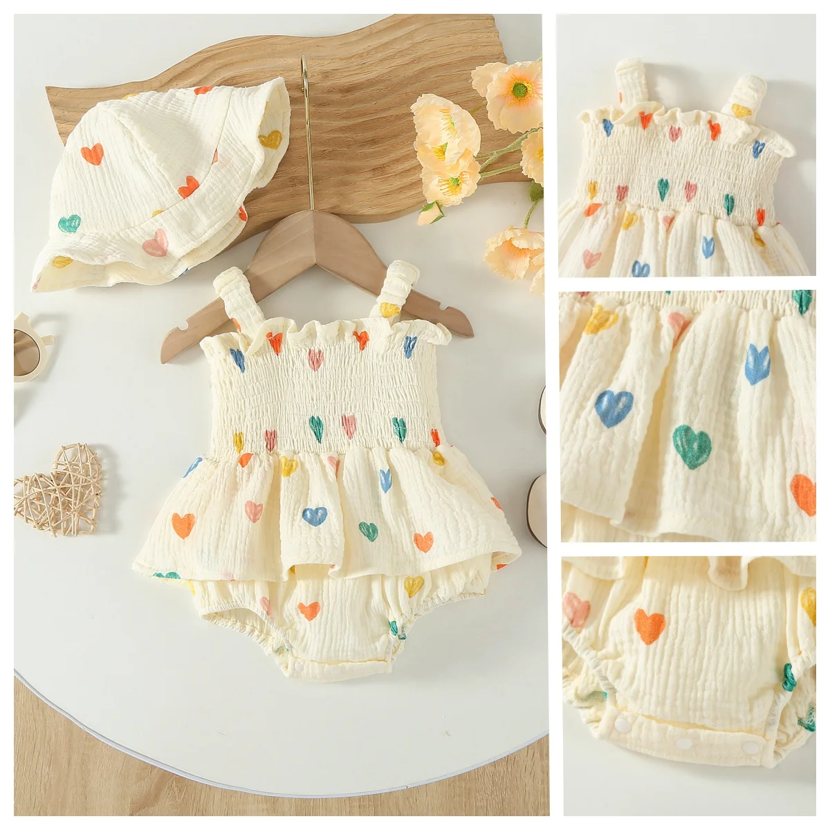 

Комплект из 2 предметов для младенцев, комплект платьев для детей 3-18 месяцев, корейский стиль, пастельный принт в виде сердца, милая мягкая одежда с подходящей шляпой, одежда для маленьких девочек