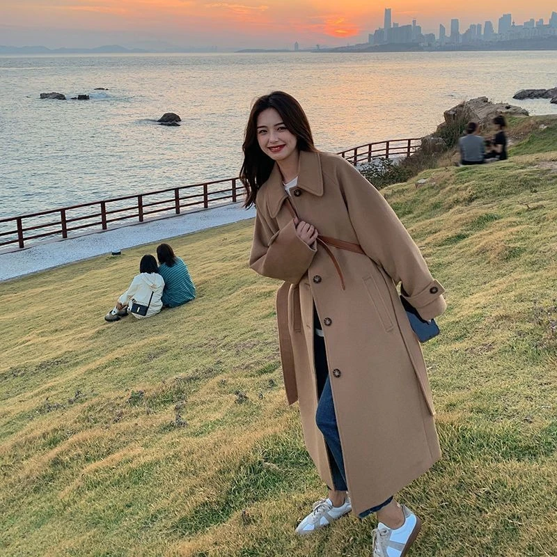 Damski płaszcz wełniany w stylu koreańskim, modny płaszcz Hepburn o luźnym kroju, gruby, kolekcja jesień-zima 2025.