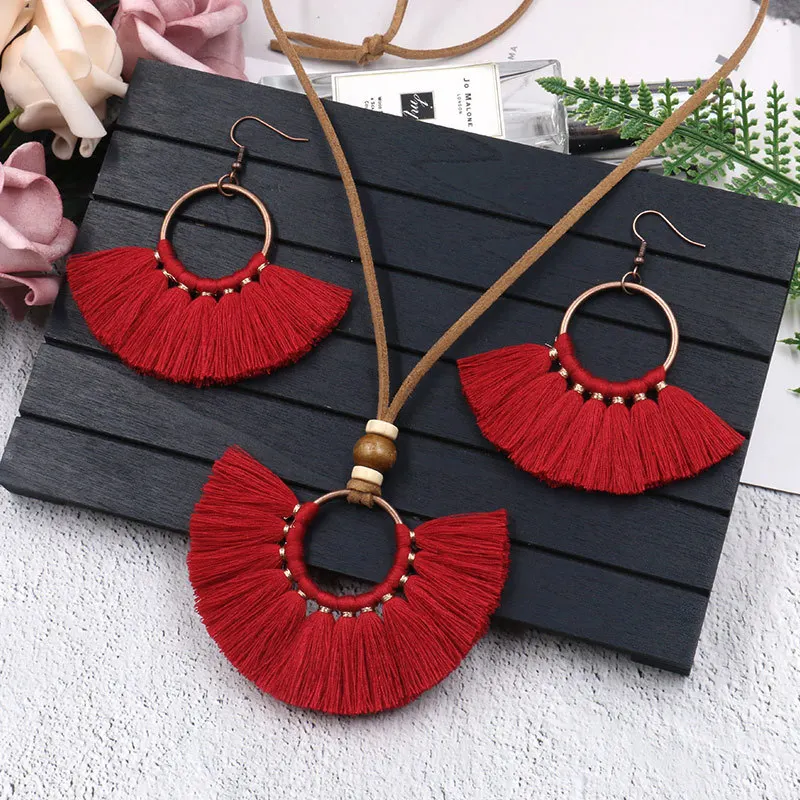 New Arrival Colorful Tassels Jewelry Handmade Weave Women's Multi-storey Red Yellow Long Chain Sweater Pendant Necklace Sets