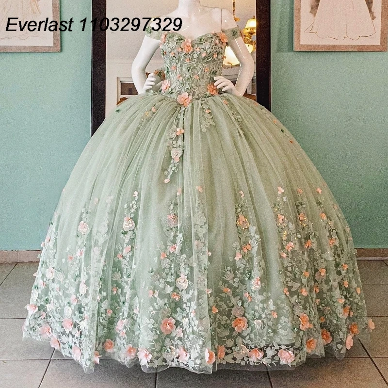 EVLAST Personalizado Sage Verde Quinceanera Vestido de Baile Rosa 3D Flores Applique Frisado Doce 16 Vestidos De 15 Años TQD860