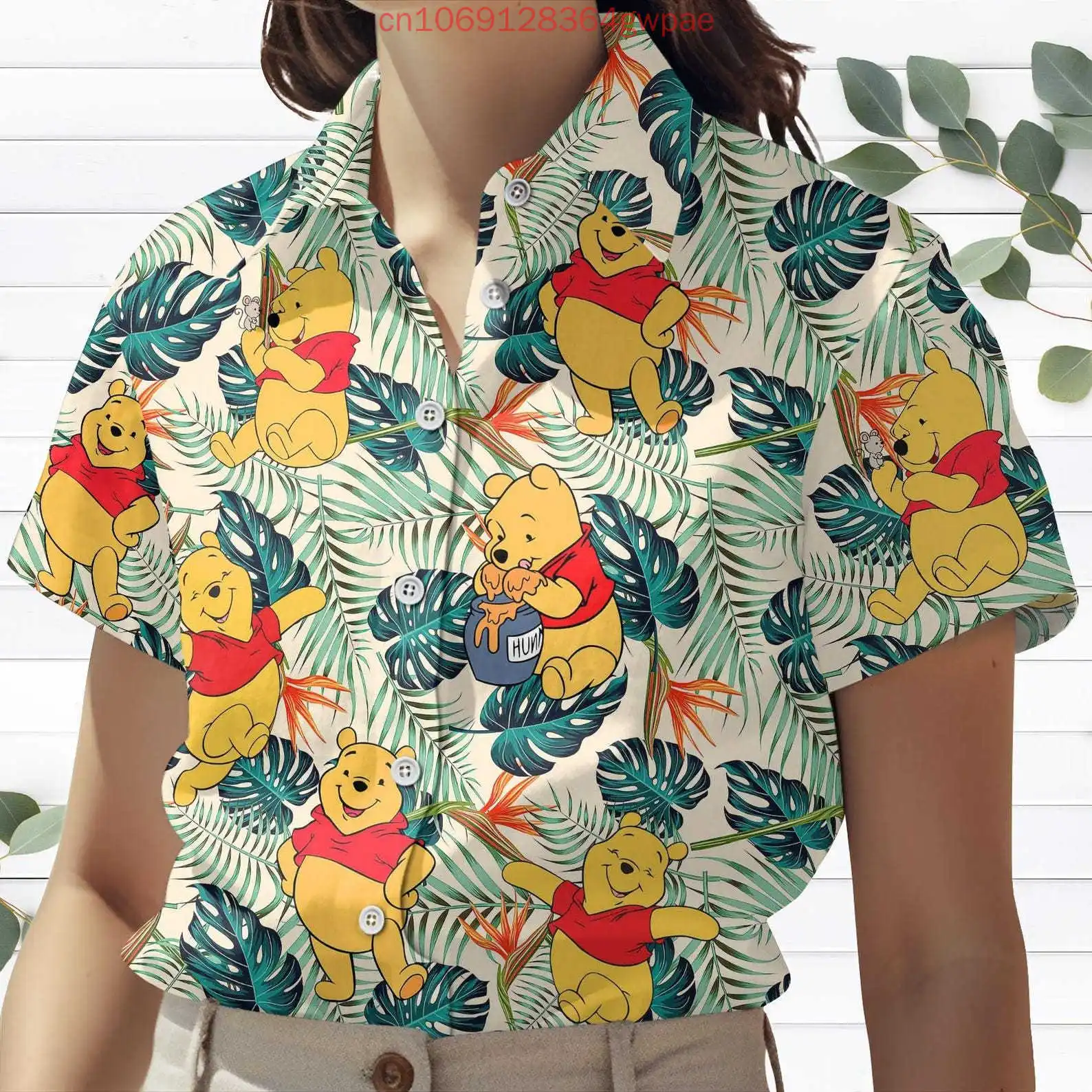 

Гавайская рубашка с Винни-Пухом, женская рубашка на пуговицах с короткими рукавами, летняя повседневная рубашка Disney Eeyore для пляжного отдыха и защиты от солнца