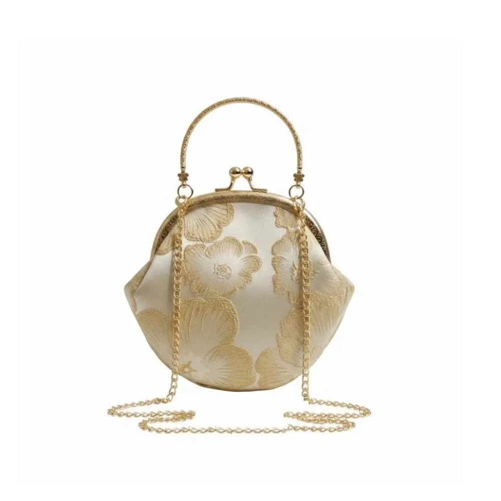 

Floral Brocade Cheongsam Bag Satin Fabric Jacquard Kiss Lock Purse Mini Size Detachable Chain Embroidered Clutch Retro Fans