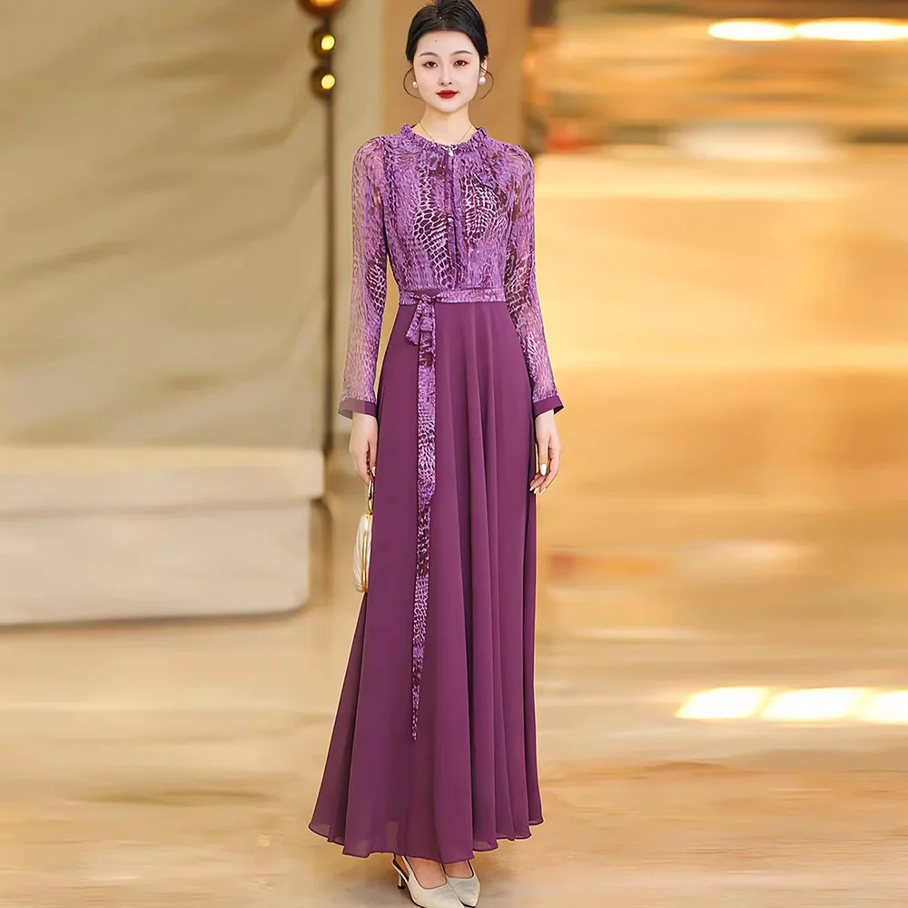 

New Women Gentle Purple Long Dress Spring Summer Fashion O-Neck Long Sleeve High Waist Slim Dress Elegant Flowing Romantic Dress