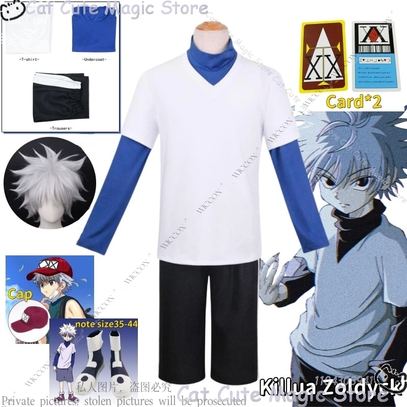 

Killua Zoldyck Косплей Костюм Аниме Охотник Футболка Полный комплект Парик Опора Хэллоуин Женщина Мужская обувь Кепка-карточка Повседневный наряд Подарок Killua