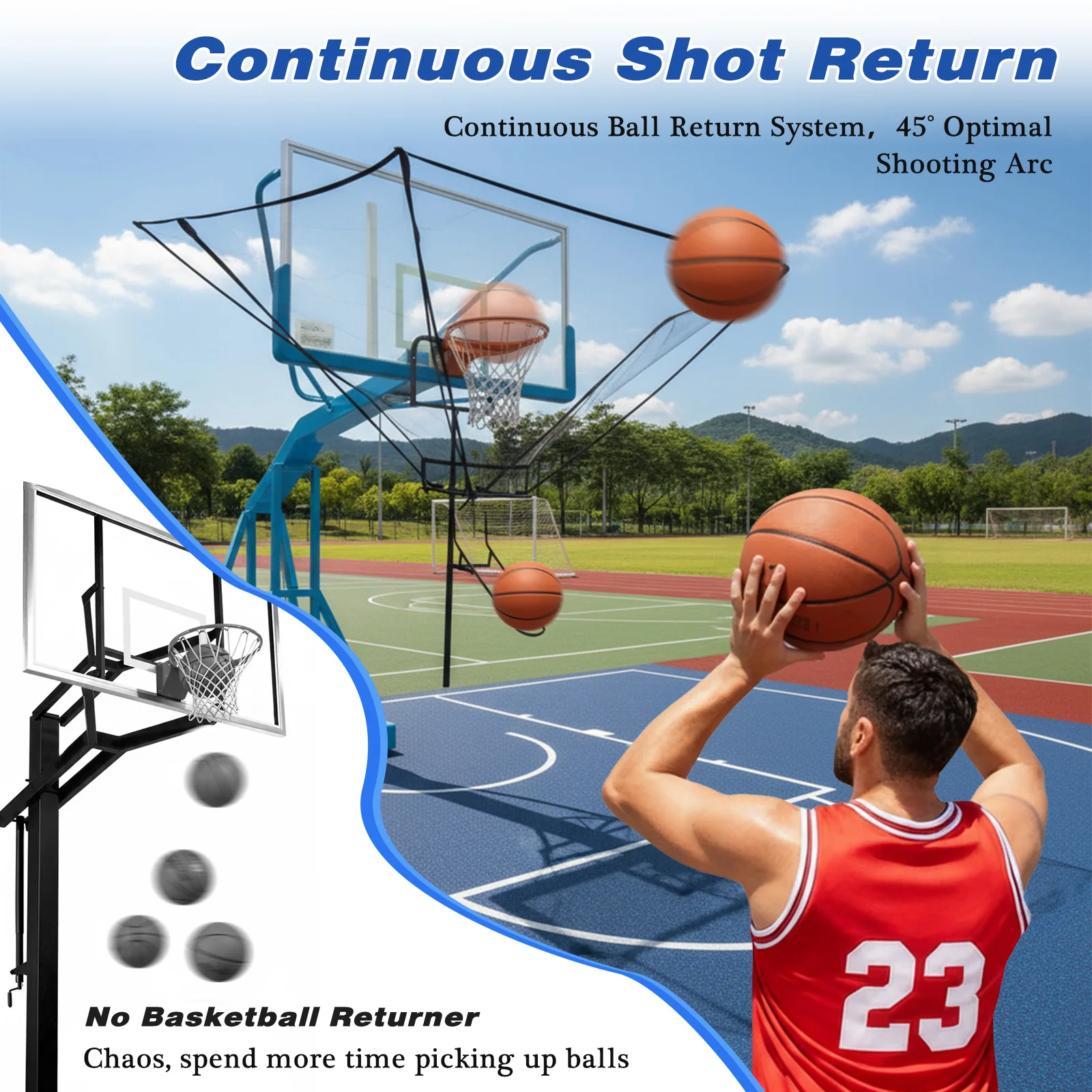 180° Rotating Chute Basketball Rebounder Returner 5-Minute Quick Install Adjustable Clamp Fits 18" Rim Training Net for Court In
