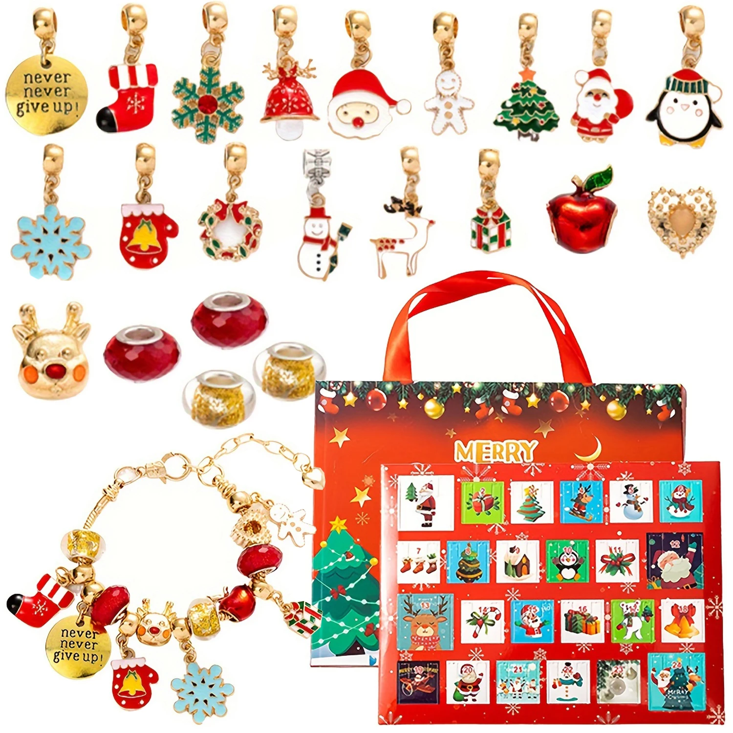 

Рождественский адвент-календарь, подарочная коробка, портативный 24-дневный обратный отсчет с набором рождественских браслетов «сделай сам», с изображением снеговика, Санта-Клауса, пенда