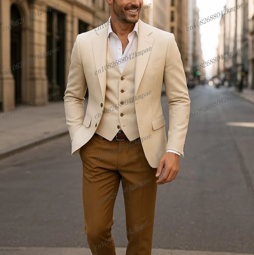 

Новый деловой мужской костюм цвета слоновой кости и коричневого цвета, жениха, жениха, свадебной вечеринки, выпускного вечера, деловые мужские смокинги, комплект из 3 предметов, пиджак, жилет, брюки