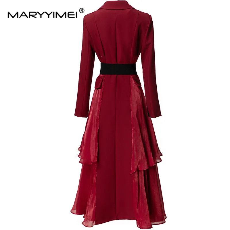 MARYYIMEI Autumn and Winter Women\'s Coat Long Sleeved Notched Double-Breasted Flounced Edge Splicing Fashion Overcoat With Belt