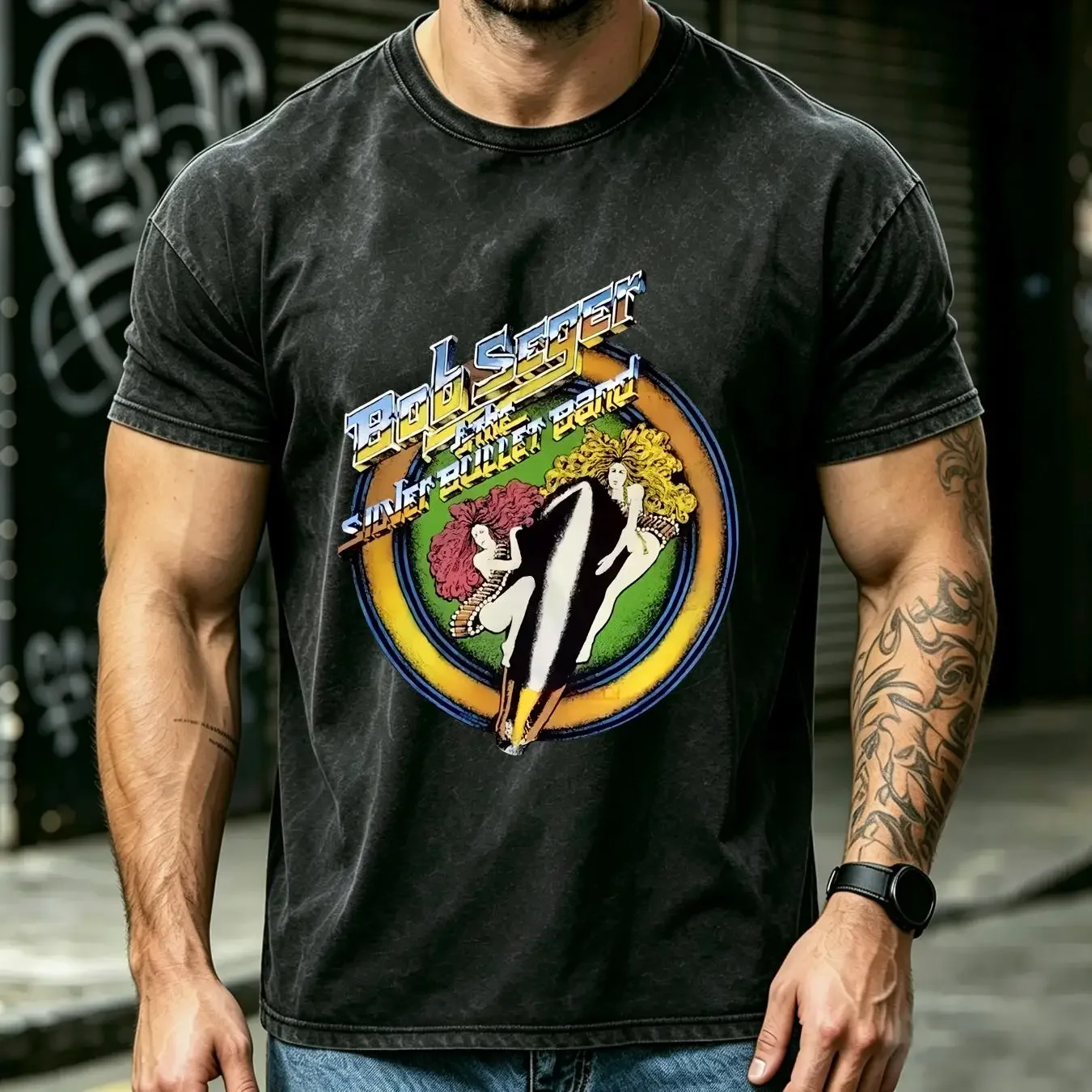washed T Shirt Bob Seger And The Silver Bullet Band Black Sz S vintage Washed Comfortable Soft Casual graphic Versatile fashion