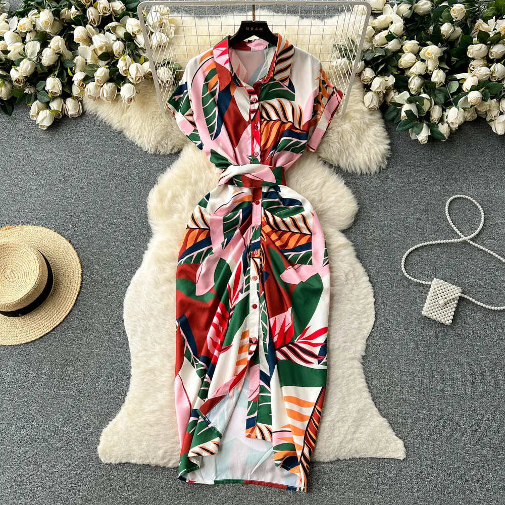 Women's Summer Fashion New Waist Closing Retro Temperament Long Dress Flower Printed Turn-down Collar Single breasted Dresses