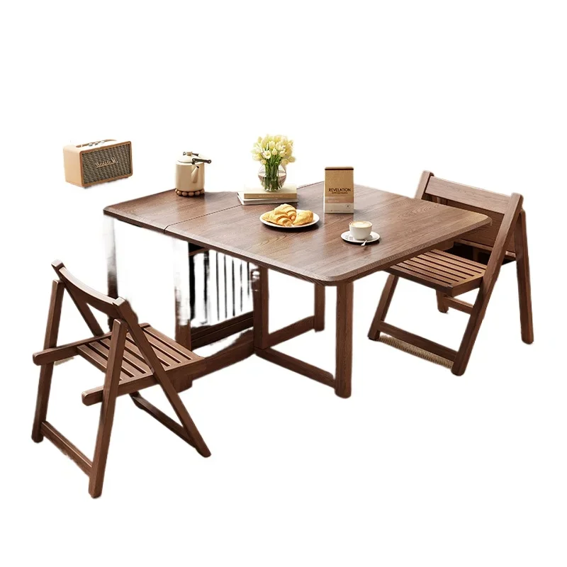 Solid wood rectangular dining table set Small apartment folding chairs and household table