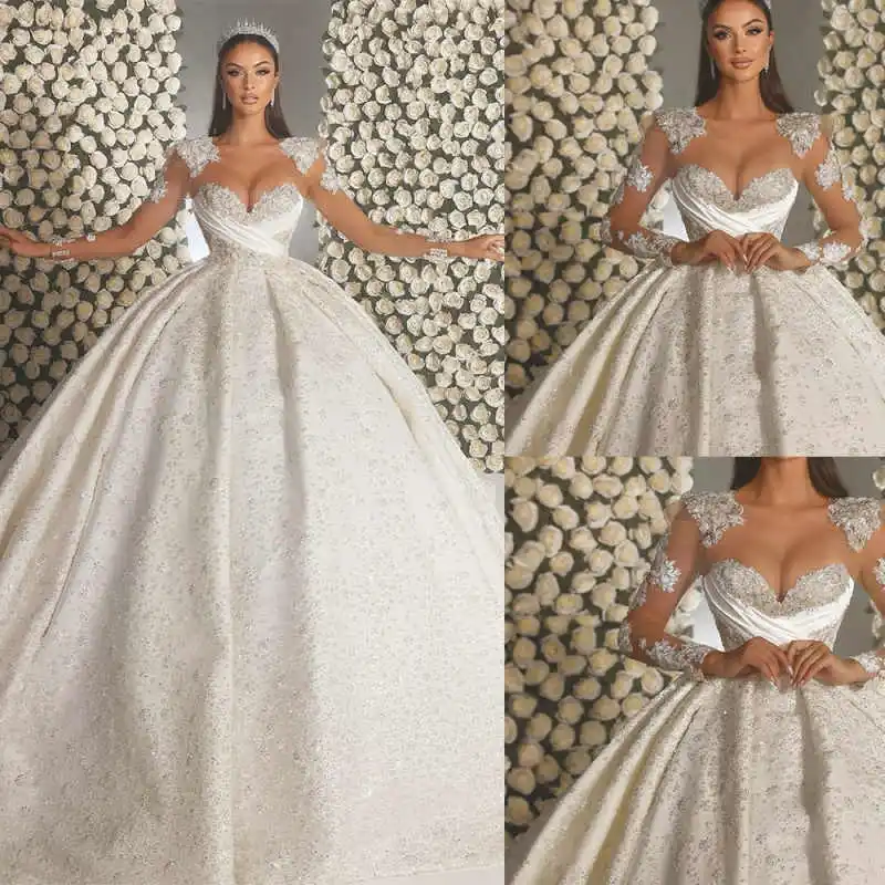 

Princess Ball Gown Wedding Dresses O-Neck Long Sleeve Appliques Lace Bridal Gowns Chapel Train Vestido De Noiva Customized