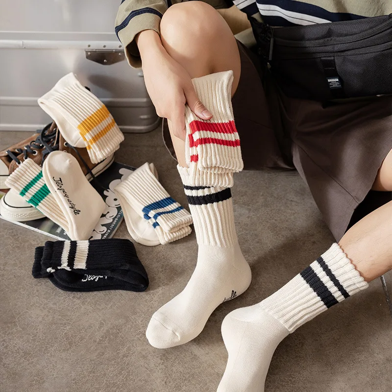 Men\'s Striped Vintage Japanese Sports Socks Towel Bottom Medium Tube Socks Thickened Couple Socks Knitted Casual Socks