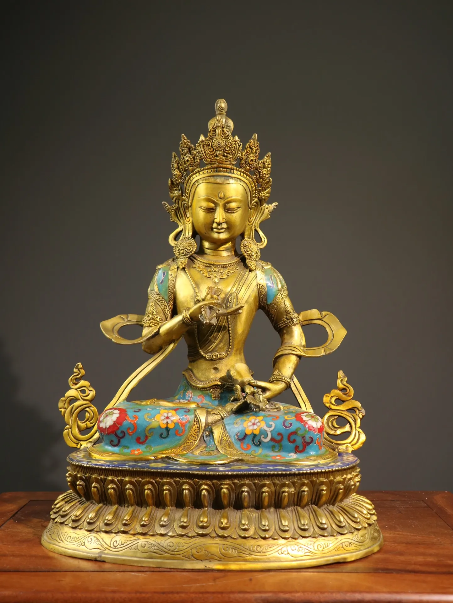 

18"Tibetan Temple Collection Old Bronze Cloisonne Enamel Vajrasattva Sitting Buddha Lotus platform Worship Hall Town house