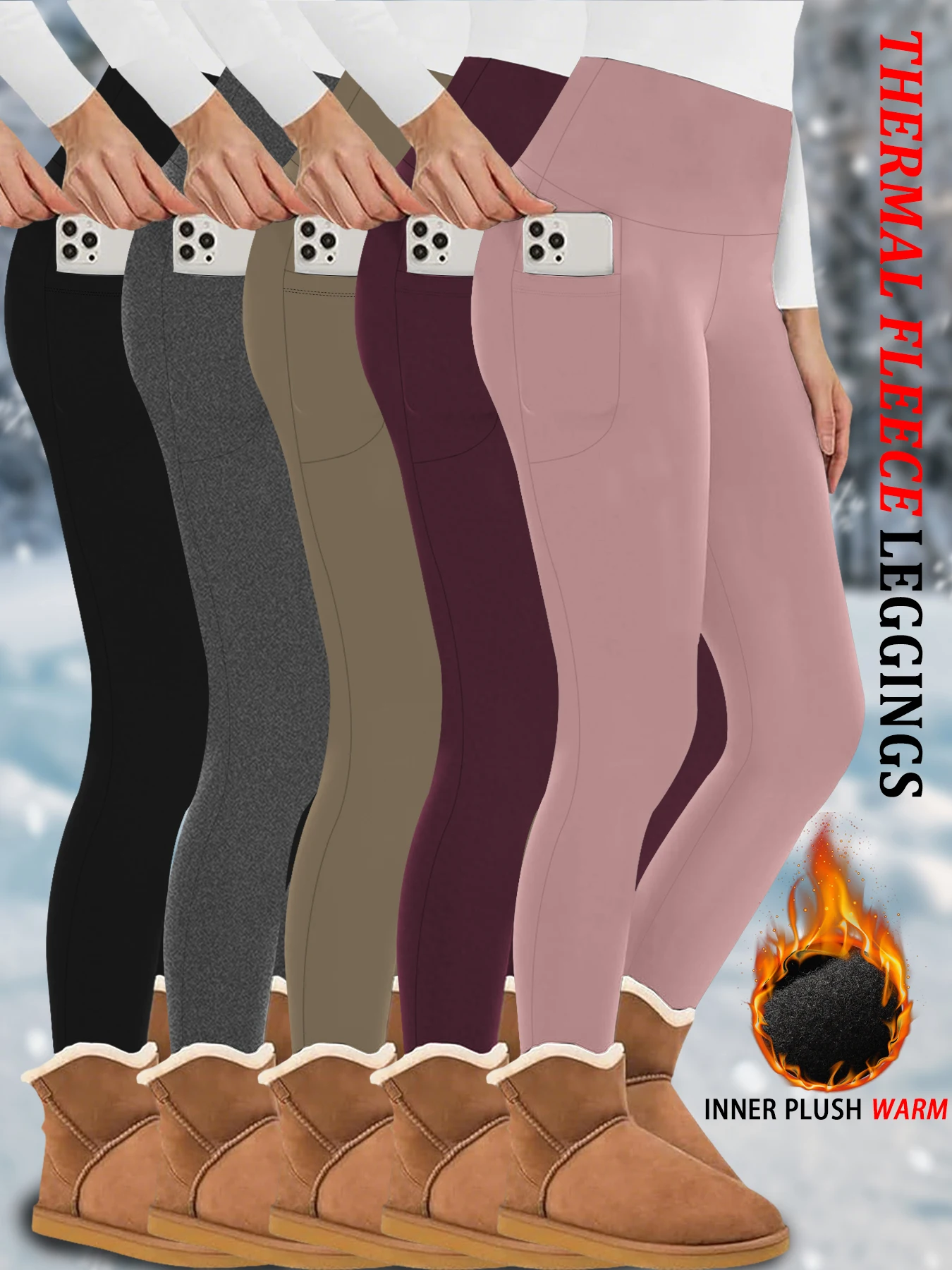 

5 PACK Womens Thermal Fleece Lined High Waisted with pockets Leggings, Workout Winter Warm Thick Tights Soft Yoga Running Pants