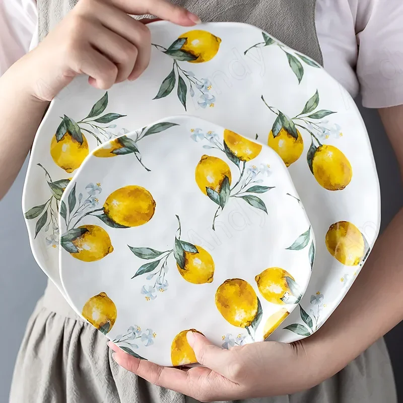 European Ceramic Plate Creative Rural Style Breakfast Bread Plate Hand Drawn Lemon Desktop Fruit Salad Plates Kitchen Tableware