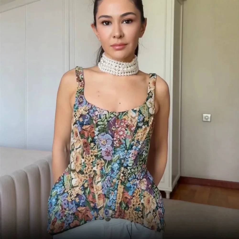 Sexy Print Sling Fishbone Corsets Women Backless Zipper Sleeveless Slim Tops Female 2026 Summer New Chic Evening Party Tanks