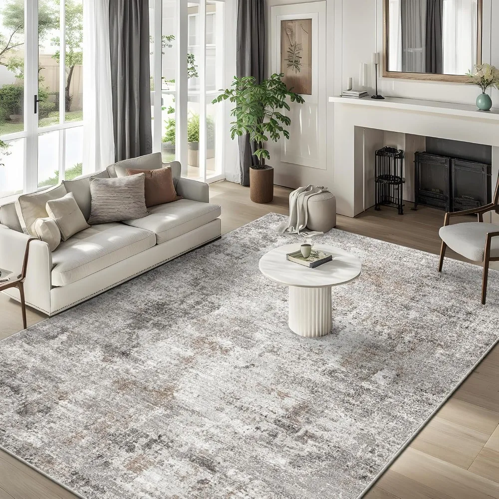 

10x14 Area Rug Living Room – Washable Large Neutral Modern Abstract Soft Low Pile Non-slip Thin Carpet