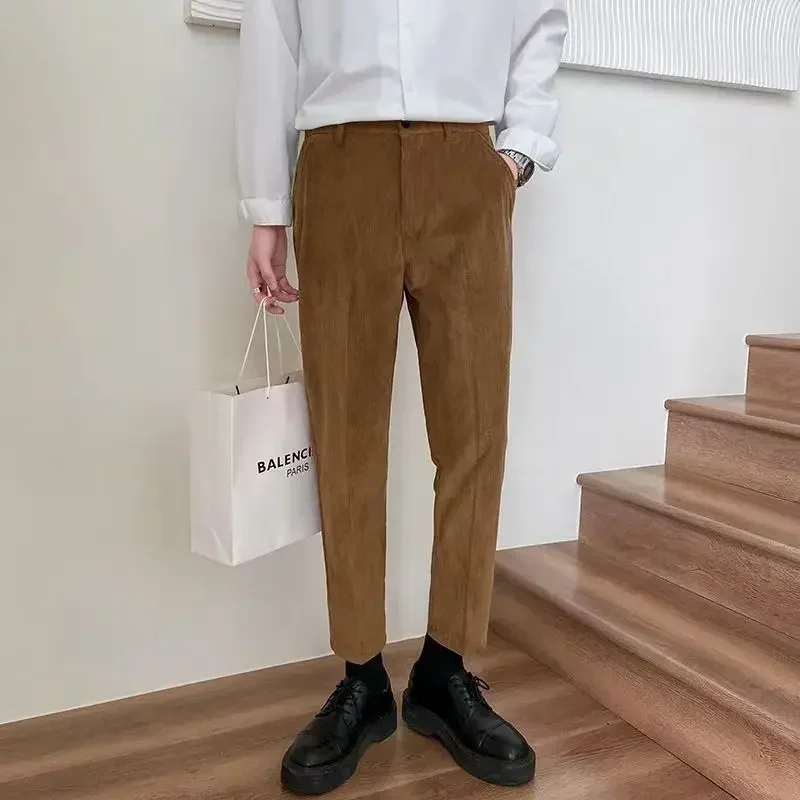 

Spring and Autumn Korean Fashion Solid Color Men's Casual Pants Corduroy Straight Ankle Length Pants