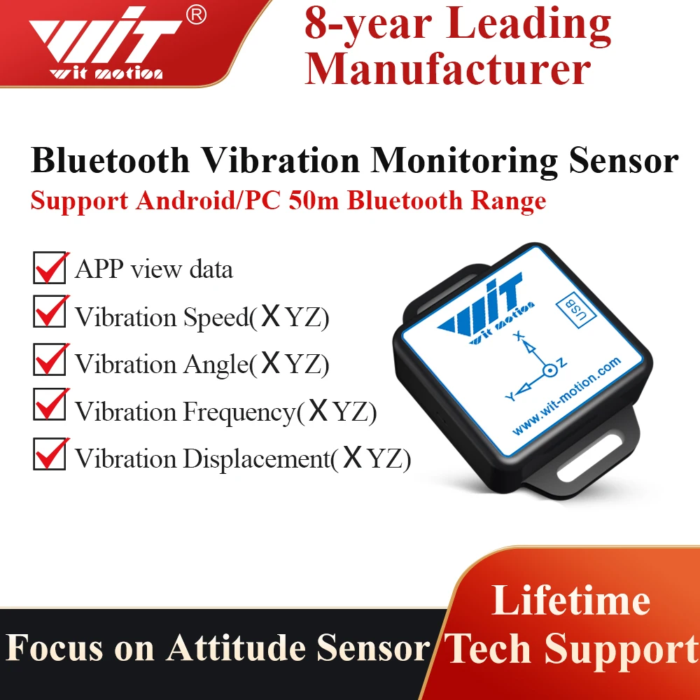 

WitMotion WTVB01-BT50 Bluetooth 50m Multi-connected Vibration Sensor, 3-axis Vibration Displacement + Speed + Amplitude+Angle