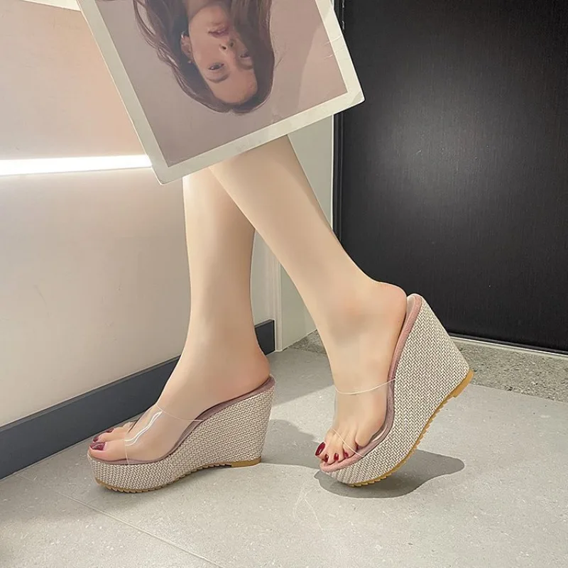 Women's Wedge Slipper 2024 Summer New Fashion Transparent One Word Platform Platform Slipper Women's Shoes Zapatos De Mujer