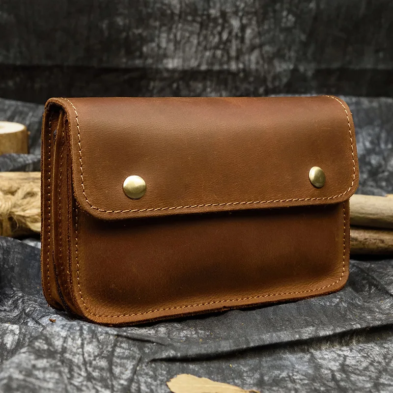 Crazy Horse Leather Men's Waist Bag Genuine Leather Phone Pouch On Belt Men Male Wasit Pouch Waist Pack Leather Vintage Style