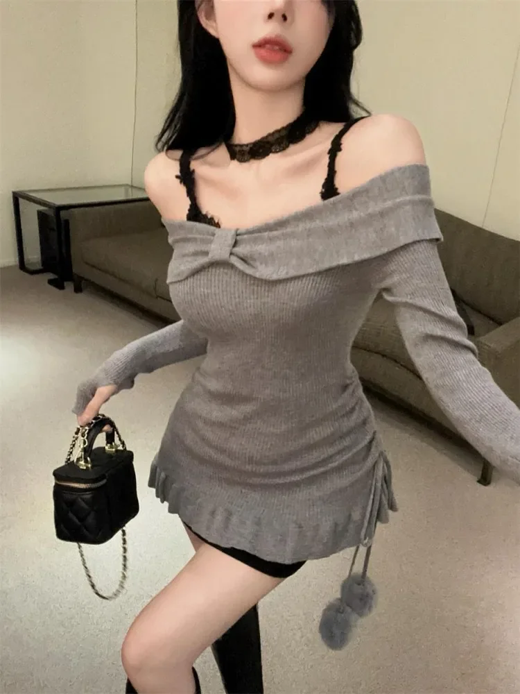 Sweet Bow Long Sleeve Off Shoulder Slim Fit Bodycon Dresses+ Black Lace Camisole Dress for Women 024 Autumn New Two Piece Sets
