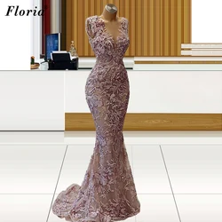 Blush Pink Lace Prom Dresses For Women Beads Long Mermaid Evening Gowns Robes De Soirée Wedding Party Dresses Reception Gowns